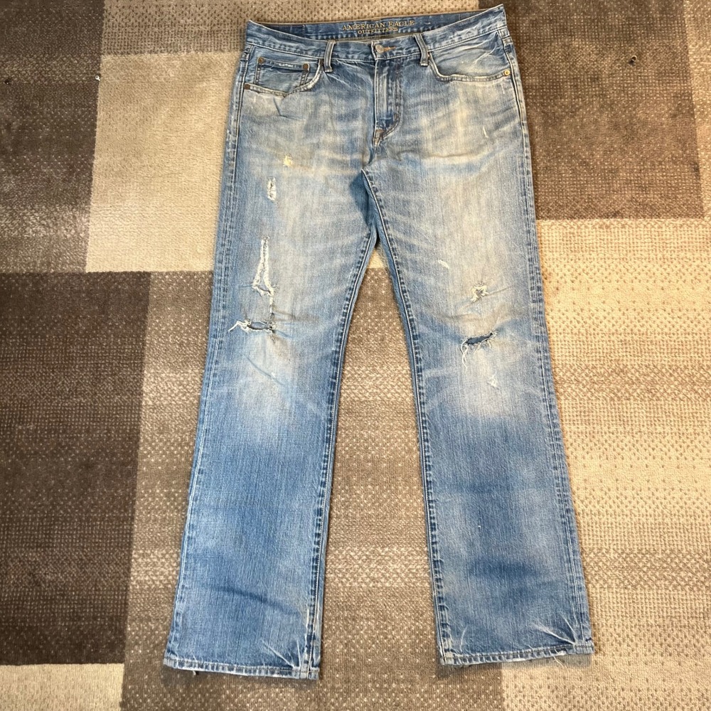 American Eagle Mens Original Boot Distressed Jeans Blue 34x34 Light Wash Denim